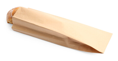 Paper bag with fresh baguette isolated on white