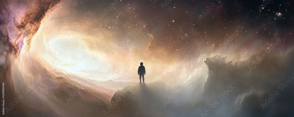 Poster a haunting image of a lone astronaut floating in the vast emptiness of space, dwarfed by the swirlin