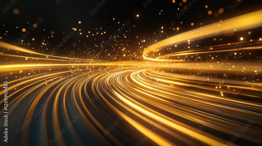 Poster dynamic light trails illuminating a dark yellow tunnel, captivating display of motion and light