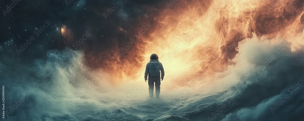 Poster a haunting image of a lone astronaut floating in the vast emptiness of space, dwarfed by the swirlin