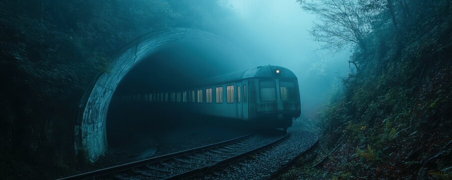 A haunting image of a ghost train emerging from a misty tunnel, its windows glowing with an otherworldly light.