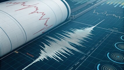 earthquake diaster alert. Seismograph displaying seismic waves and data analysis on a digital interface.