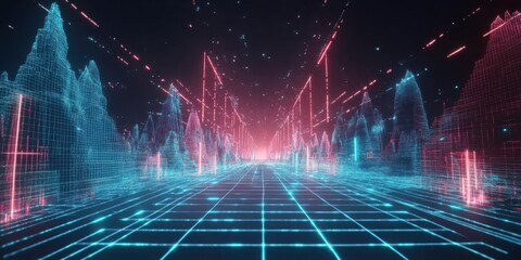 A futuristic digital landscape with glowing grid and mountain-like structures.