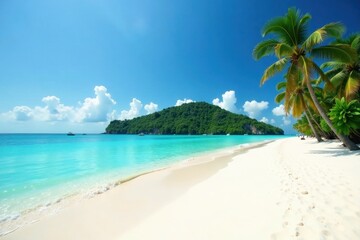 Naklejka premium White sand beach, turquoise water, lush island backdrop, wave, blue