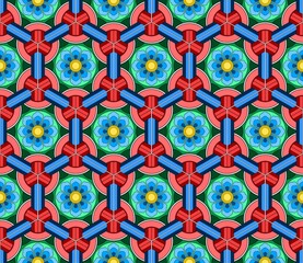 Red Color Korean Traditional Dancheong seamless pattern with flowers