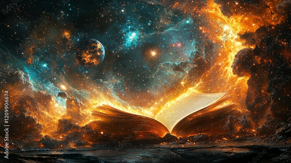 Poster open book rests on table emanating light while galaxies stars and planets flow upward in vibrant dis