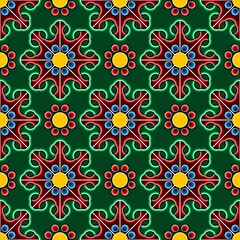 Green Color Korean Traditional Dancheong seamless pattern with flowers