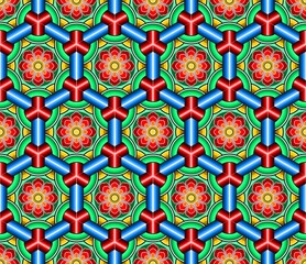 Green Color Korean Traditional Dancheong seamless pattern with flowers