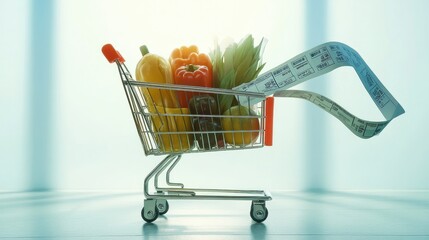 A shopping cart with minimal groceries and a long receipt, symbolizing inflation and rising costs.