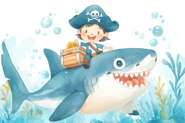 Watercolor illustration pirate captain Themed, Playful pirate riding giant friendly shark in colorful underwater scene