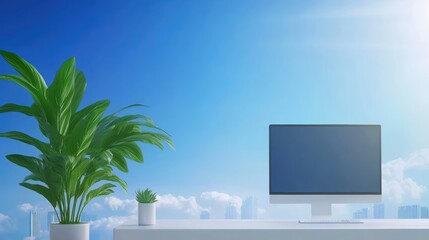 Modern workspace, computer monitor, desk, and decorative plant for enhanced productivity