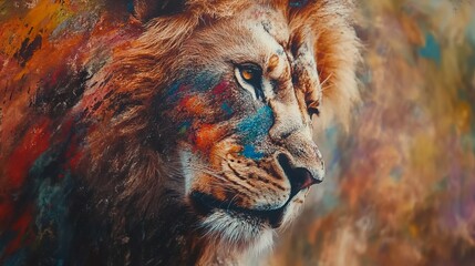 Close-up of a lion's head with artistic colorful brush strokes, highly detailed, dynamic and powerful, striking and artistic, bold and captivating atmosphere