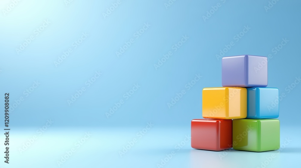 Poster dynamic arrangement of colorful cubes against a vibrant blue background creates visually captivating