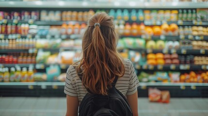 Girl with a backpack choosing products in a supermarket. Suitable for food advertising, supermarkets, articles about healthy eating and lifestyle blogs.