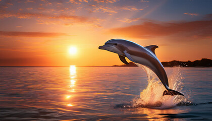 A breathtaking scene of a dolphin leaping out of the water at sunset.