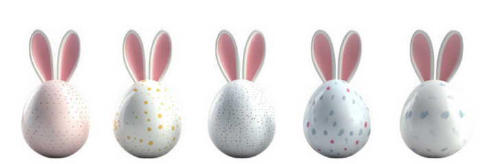 five decorative eggs designed to resemble bunny rabbits. with varying colors and patterns. creating a playful and festive atmosphere this design is often associated with easter celebrations. symbolizi