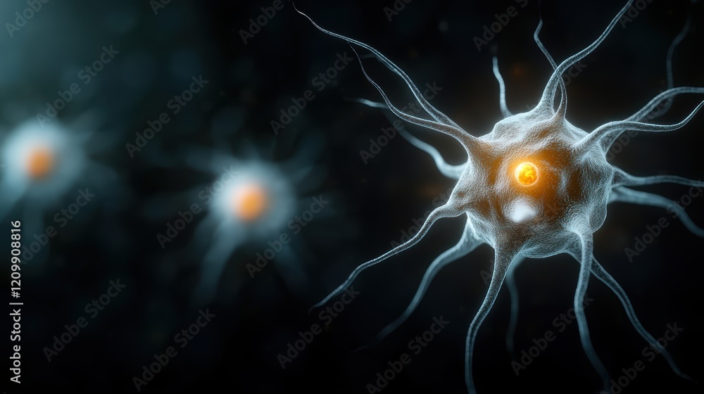Poster illuminated neuron nerve network with a glowing orange light, microscopic view