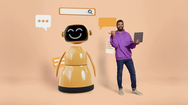 3d sketch motion collage video of happy it-specialist american man hold laptop point gpt chat bot helper robot bubble 