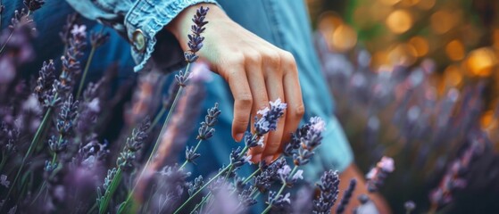A hand in a blue jumper touches lavender against a sunset background, perfect for nature, aromatherapy and relaxation blogs.