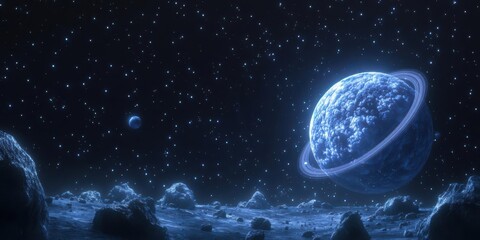 Naklejka premium A cosmic landscape featuring a blue planet with rings and distant celestial bodies.