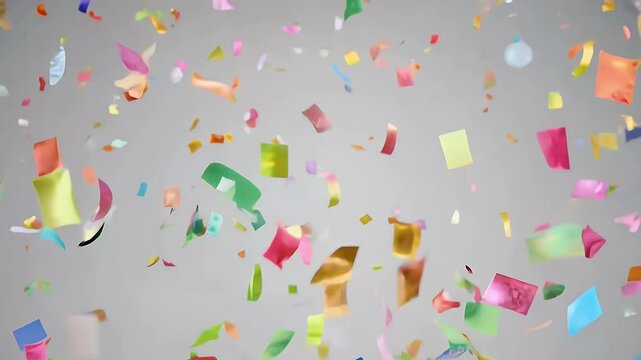 joyful explosion of colorful confetti pieces bursting into the air in a 3D video rendered animation including an alpha channel for seamless video background integration