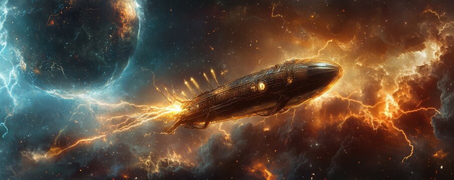 A steampunk airship navigating a cosmic storm, its lightning rods attracting the electrical energy.