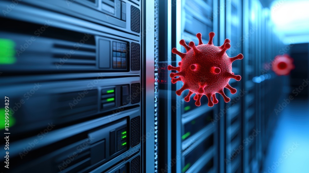 Poster cybersecurity threat, red virus attacking computer server, depicting data vulnerability