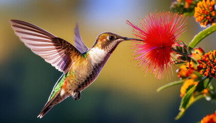 Naklejka premium A hummingbird in flight near a vibrant red flower.