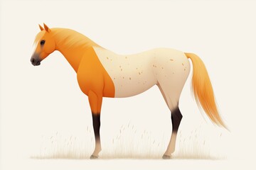 Obraz premium A horse with a white and orange coat stands in a field. The horse is the main focus of the image, and the colors of its coat create a sense of warmth and vibrancy