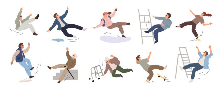 Slipping falling people. Retired men and women stumble on the stairs. Slippery floor. Pain or injuries. Insurmountable obstacles. Young persons fall from stepladder. Garish vector set