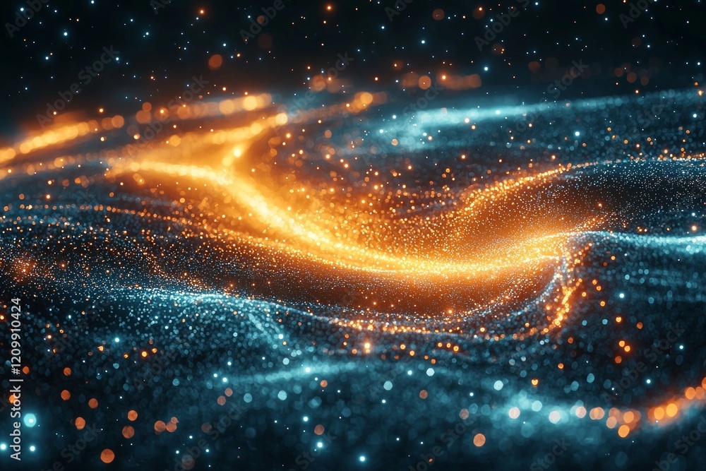 Poster sparkling energy flows through celestial map as divine hands outline paths among constellations show