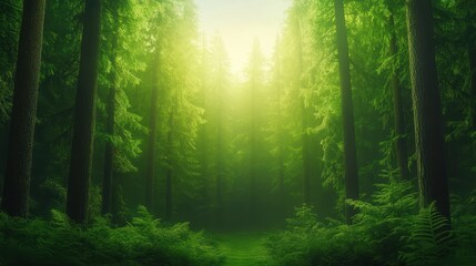 Obraz premium Sundappled forest path, a serene nature walk amidst towering trees tranquil
