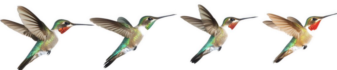 Fototapeta premium series of four hummingbirds in mid-flight. showcasing their vibrant plumage and unique wing positions this depiction highlights their agility and beauty. often used in educational materials or nature-