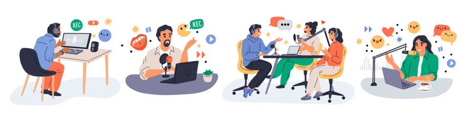 People host podcasts with guests. Audio streaming process. Internet radio. Live broadcast of interviews. Speaker using microphone and headphones. Bloggers talking. Garish vector set