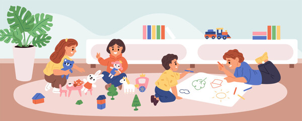 Fototapeta premium Little friends playing in room. Kids activities. Boys and girls in kindergarten draw and play with toys. Nursery playground. Teenagers on carpet. Playroom games. Garish vector concept