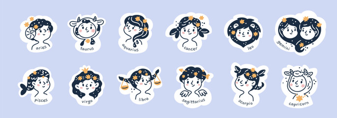 Kids zodiac signs. Cute children portraits. Comic faces. Horoscope girls and boys. Taurus and Gemini. Zodiacal cancer. Astrology calendar. Esoteric celestial icons. Garish vector set