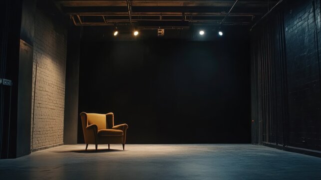 Single chair on stage under bright lights in dark room