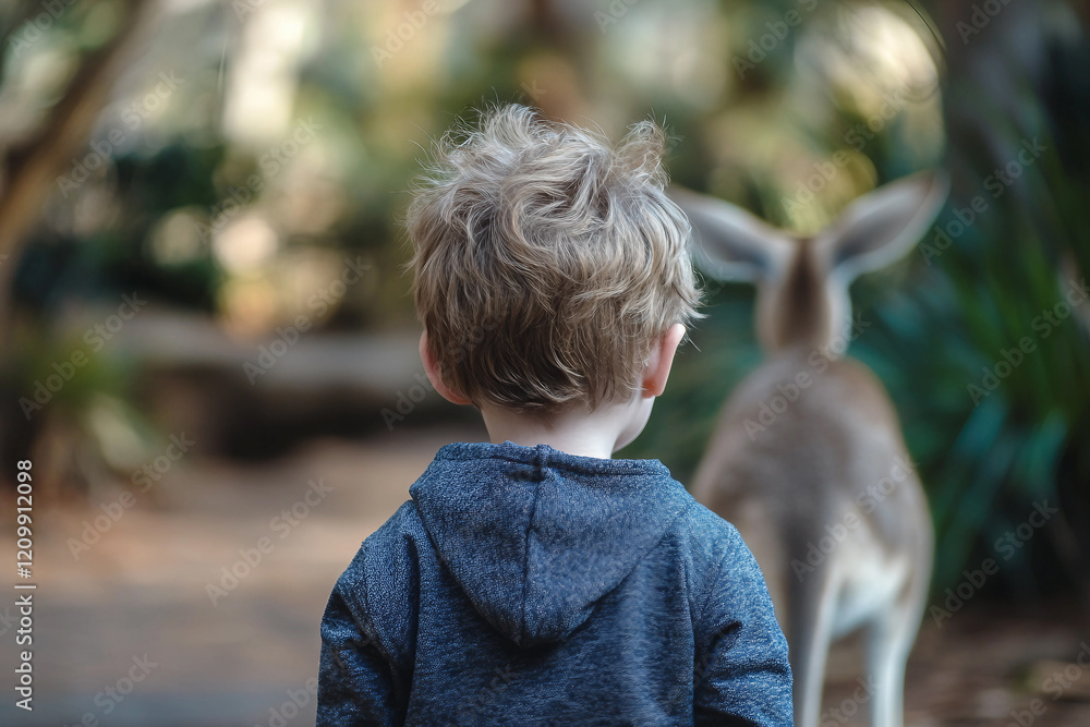 Poster curious child observing an animal in zoo setting generative ai