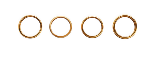 four simple. elegant gold rings arranged in a row on a clean. white background the rings vary slightly in size and design. showcasing their smooth. polished surfaces. which reflect light subtly. empha