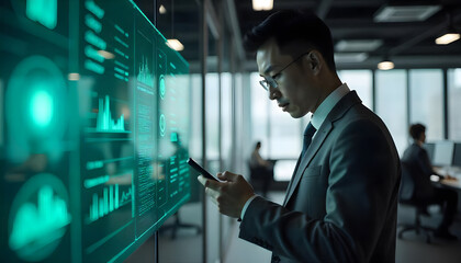 Businessman analyzing data on interactive display. A focused businessman in a suit examines data displayed on an interactive, teal-green screen in an office