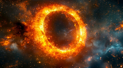 Abstract space wallpaper featuring a black hole surrounded by a star field, with the shape of the letter O, glowing sparks of light, and ample copy space