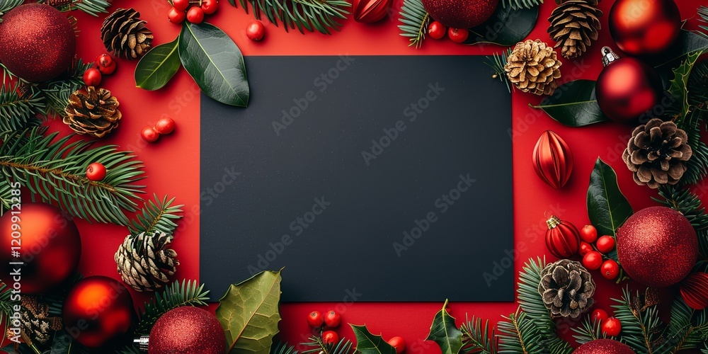 Poster a close-up and overhead shot of a black card with leaves pine cones and ball ornaments on a red back