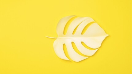 White monstera leaf on vibrant yellow background, off-center, clean minimalist design with bold color contrast and negative space.