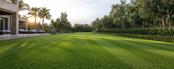 Luxurious resort with artificial grass lawns and lush greenery