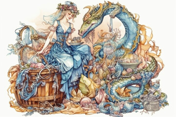 princess and dragon doing household chores, bathroom,  Generative AI