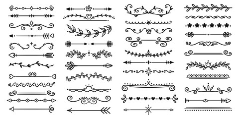 Decorative dividers. Black floral line elements. Border underlines on text page. Vintage ornaments. Retro books design. Hand drawn arrows. Botanical graphic flourish. Recent vector set © VectorBum