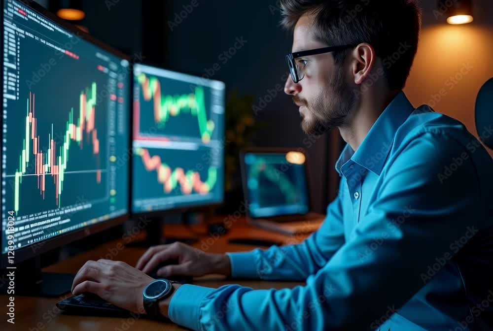 Poster focused young man analyzing stock market data on multiple monitors in a dark office environment at n