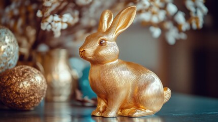The golden Easter rabbit figurine gleams with a warm metallic finish, embodying both festivity and charm.
