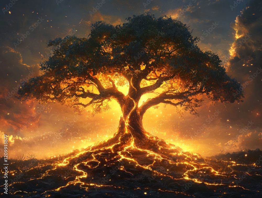 Poster radiant Tree of Life stands tall bathed in golden light from above. Its branches and roots symbolize unity and growth reflecting profound connection universe.