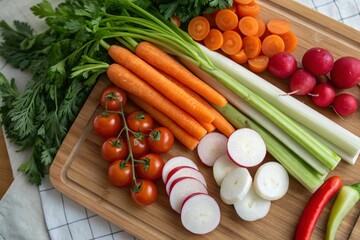 Fresh vegetables, carrots, radishes, celery stalks, cherry tomatoes.top veiw